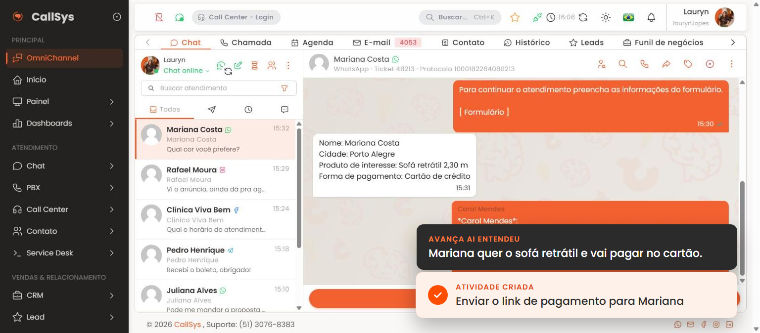 Avança AI no CallSys: entende a conversa do WhatsApp e cria a próxima atividade