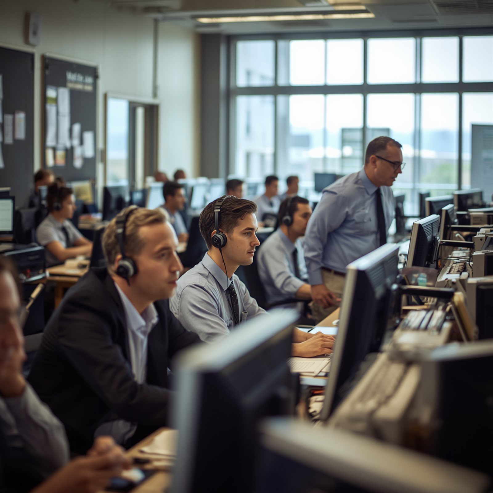 Operadores de uma central de atendimento em suas posições de trabalho, com headset e o sistema aberto na tela.