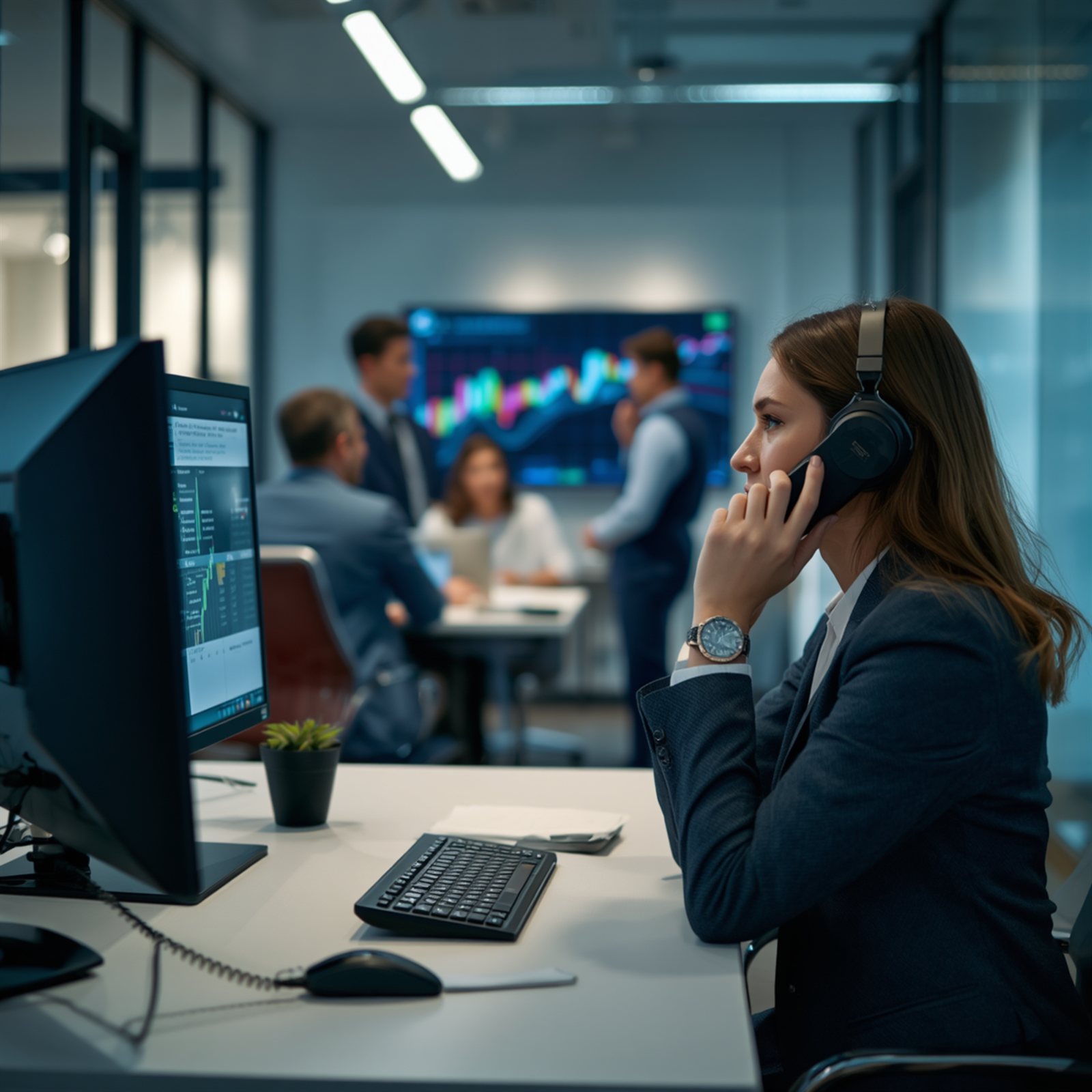 Profissional de vendas atendendo por telefone com o CRM aberto na tela, e o time comercial reunido ao fundo diante de um painel de indicadores.
